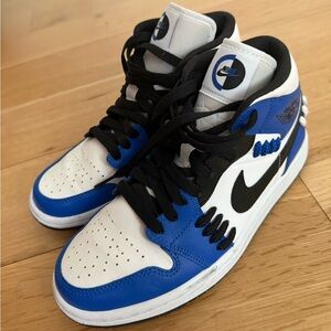Nike Royal Blue and White Jordan 1 Mids (Sisterhood)